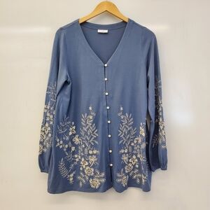 J Jill Floral Expression Long Sleeve Women’s  Blue Embroidered Button Sweater S